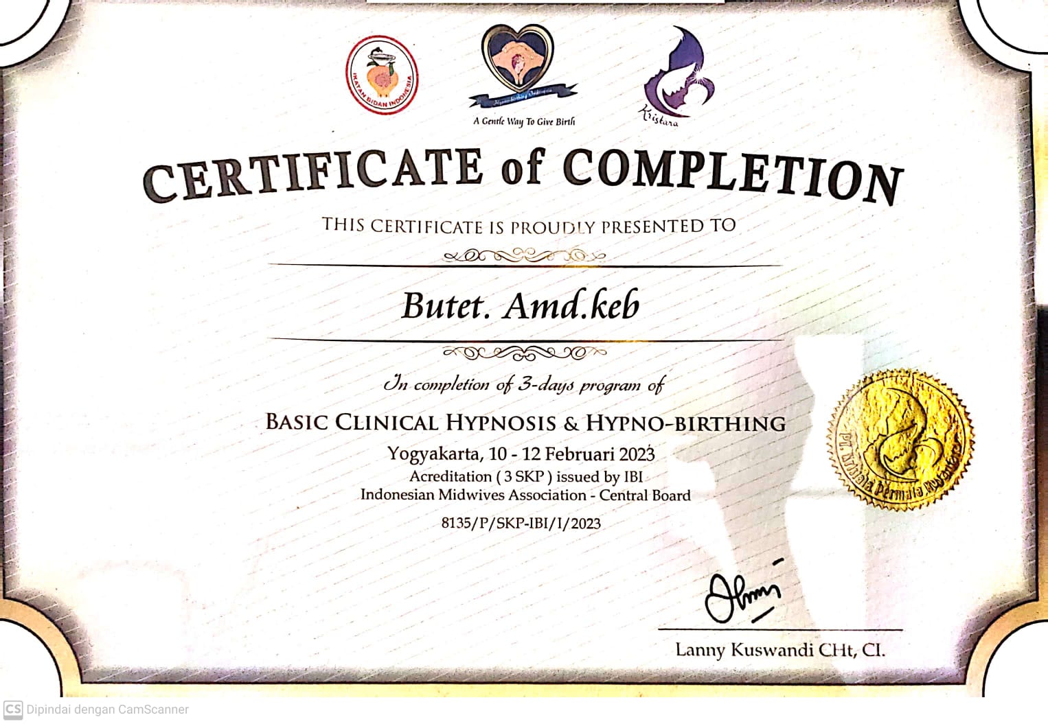 SERTIFIKAT HYPNO-BIRTHING (Persalinan Tanpa Rasa Sakit)